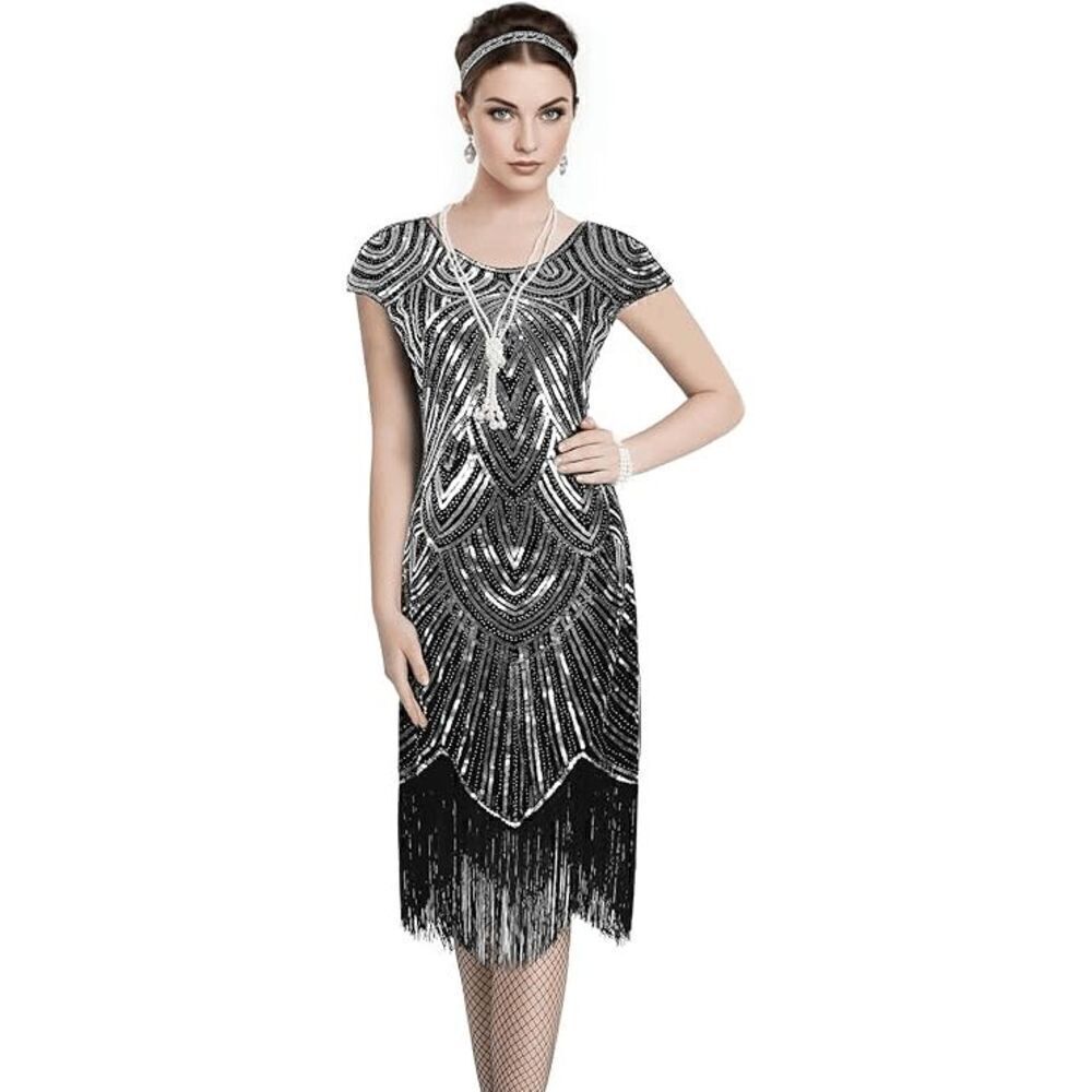 ✨ Flapper Great Gatsby Roaring 1920s Retro Tassel Fringe Silver Sequin Dress NEW